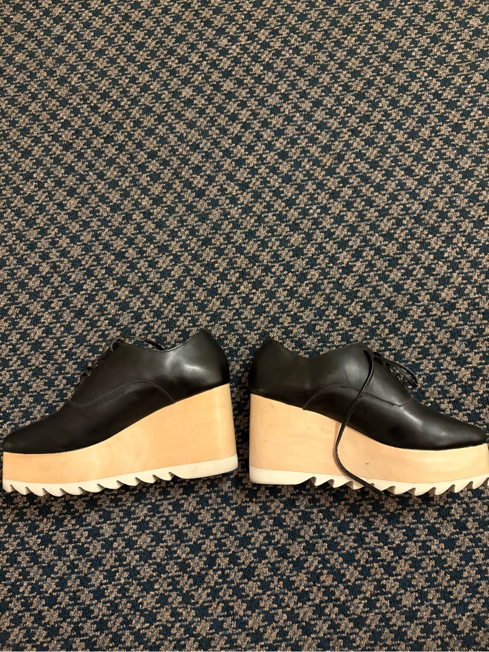 Black Leather Platform Wedge Oxfords with Natural Wood-Look Sole